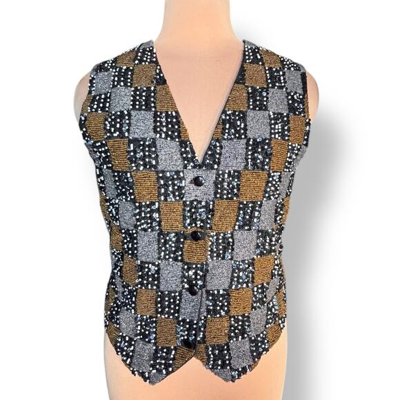 Vintage Effeci Beaded Sequin Checkered Vest Metallic Gold Silver Black Small - Picture 10 of 10